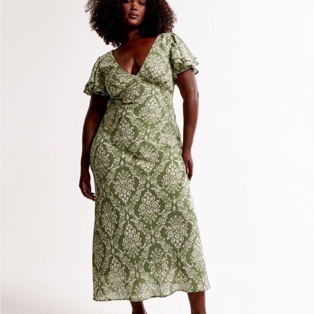 Abercrombie & Fitch Green Flutter Sleeve Midi Dress